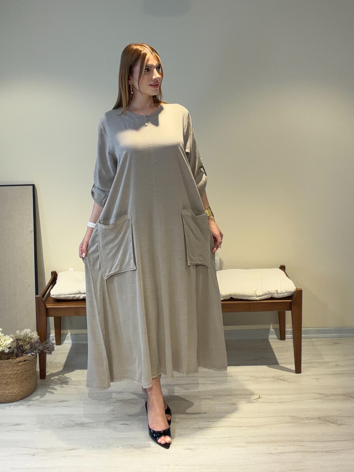 Mila Cep Detaylı Salaş Elbise – Vizon