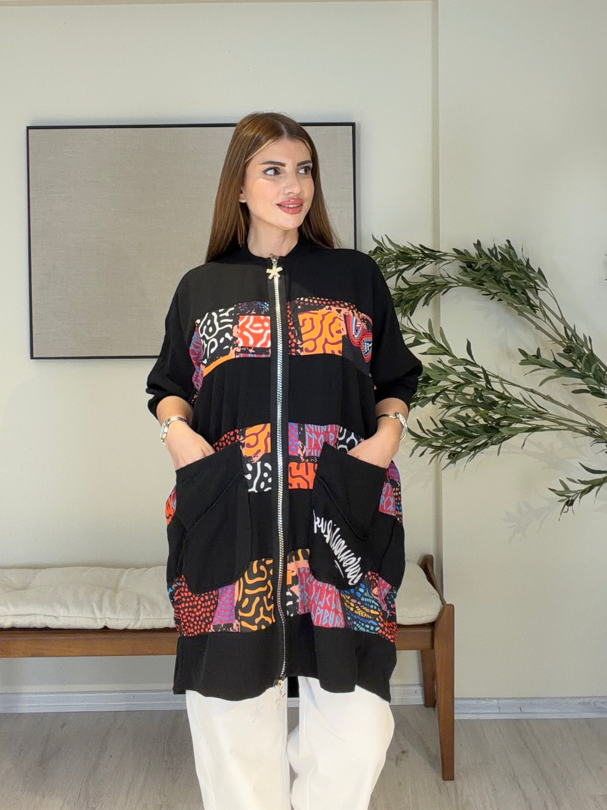 DOLCE Özel Tasarım Fermuarlı Tunik Desenli Model Siyah