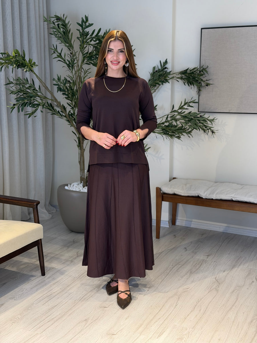 Ace | So Atelier Özel Üretim Merserize Triko Basic Tunikli Etek Takım Acı Kahve
