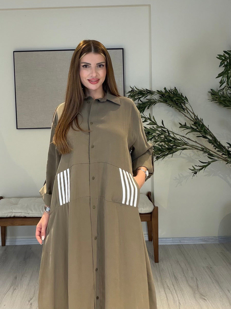 ALBA Çizgi Detaylı Gömlek Elbise Haki