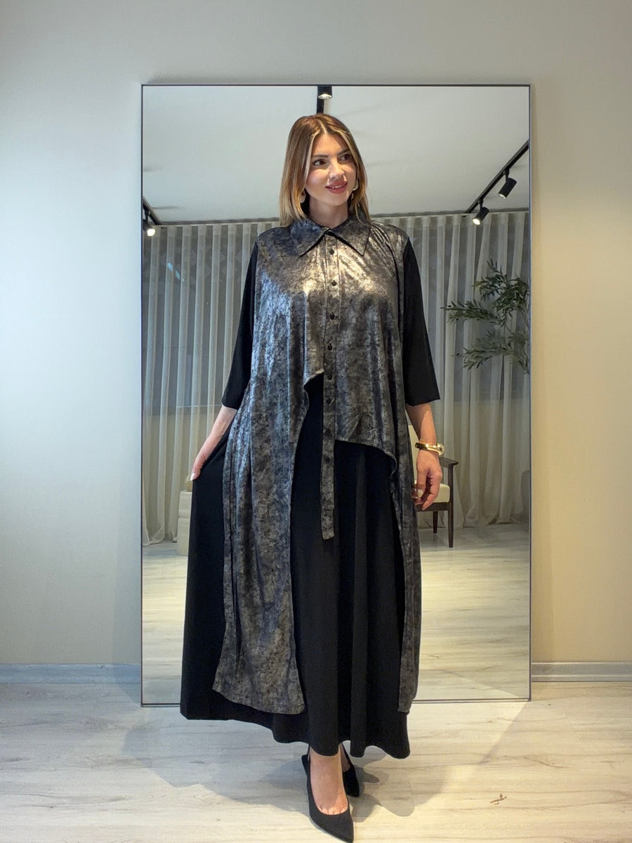 🖤 MONOLITH Katmanlı Tasarım Elbise Gri