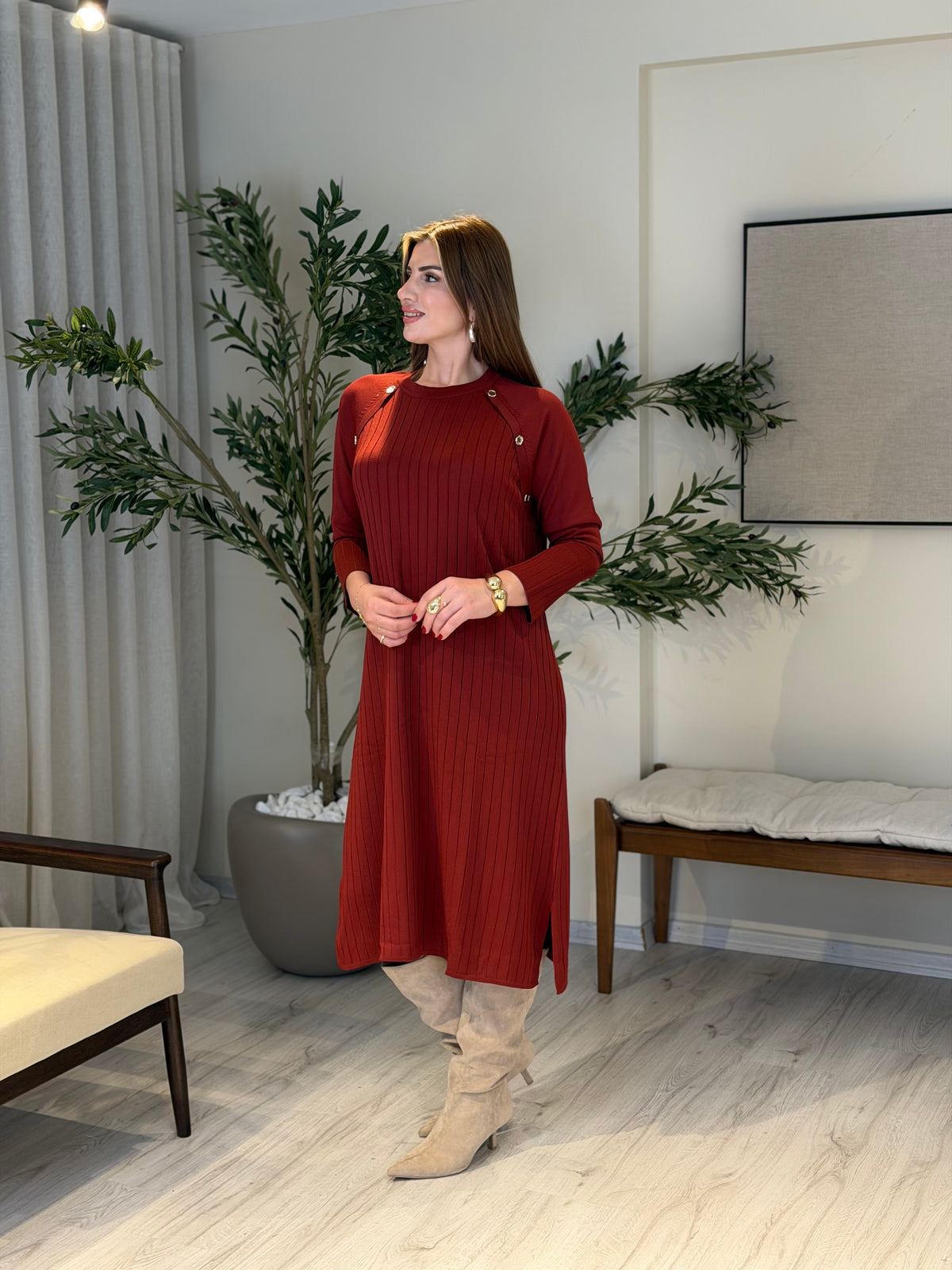 Ace | So Atelier Özel Üretim Merserize Triko Düğme Detaylı Tunik Kiremit