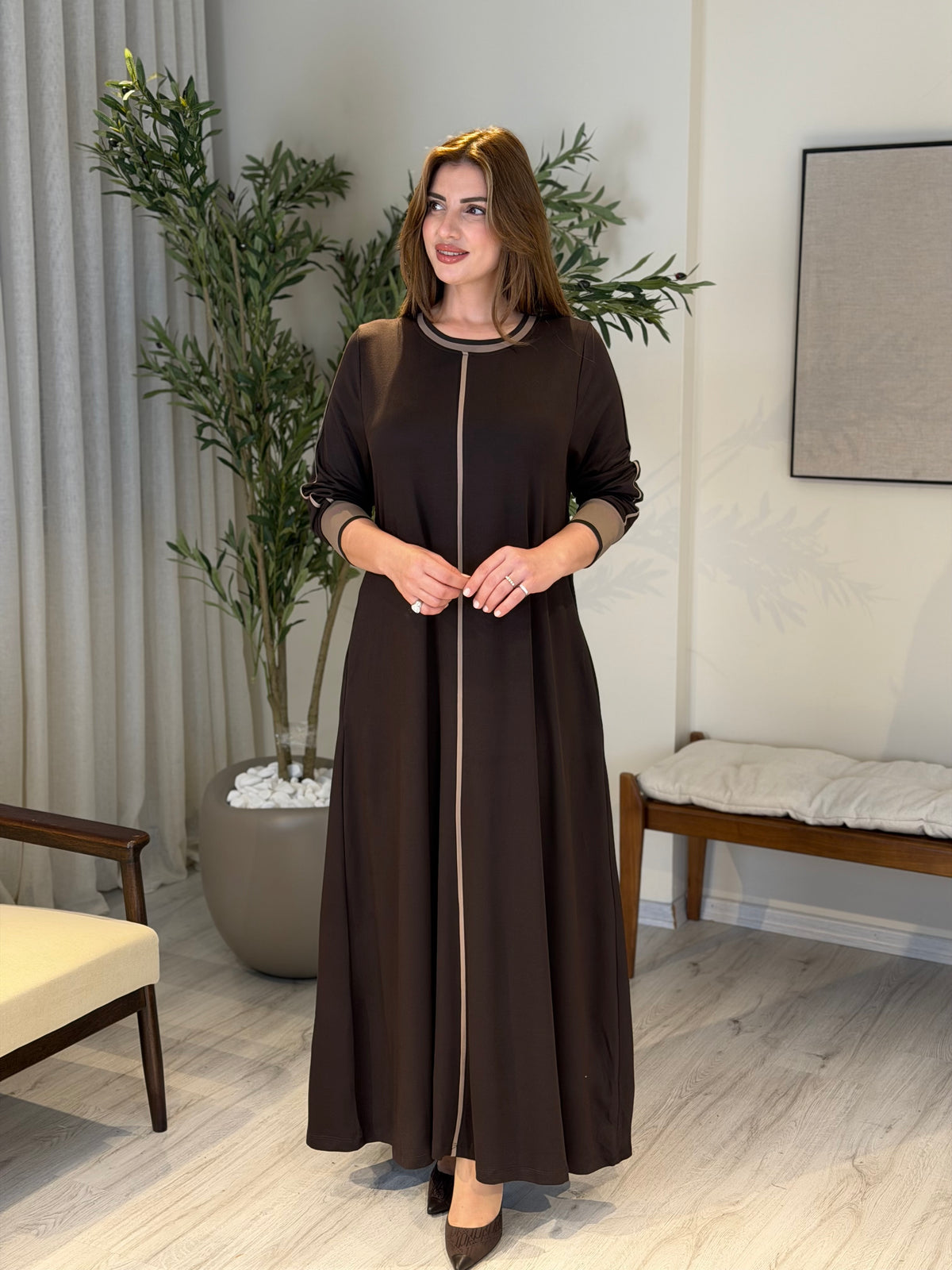 MONA Ribana Ve Biye Detaylı Elbise Kahve