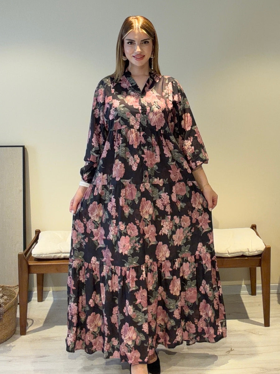 Vera Pudra Çiçek Desenli Elbise
