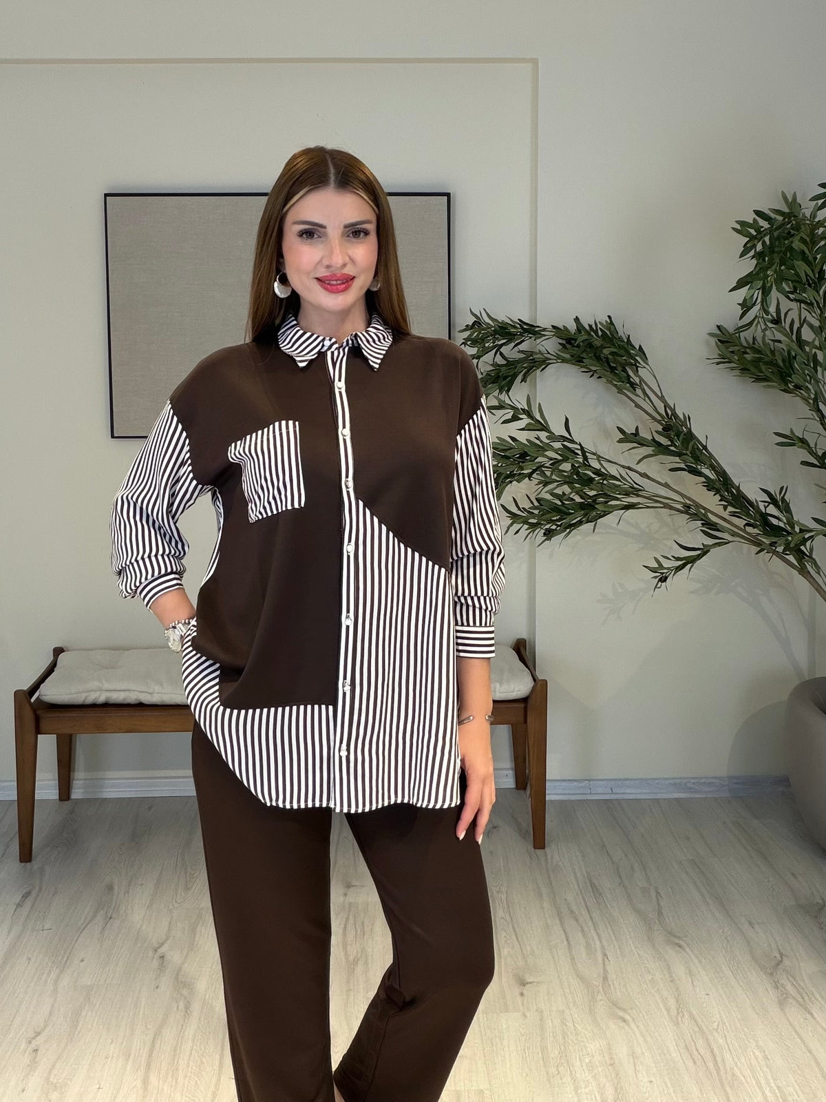 LİZBON Çizgi Detaylı Tunik Pantolon Takım Kahve