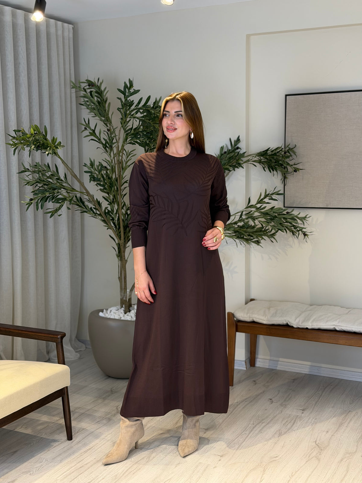 Ace | So Atelier Özel Üretim Merserize Triko Kendinden Dokulu Yaprak Desen Elbise Acı Kahve