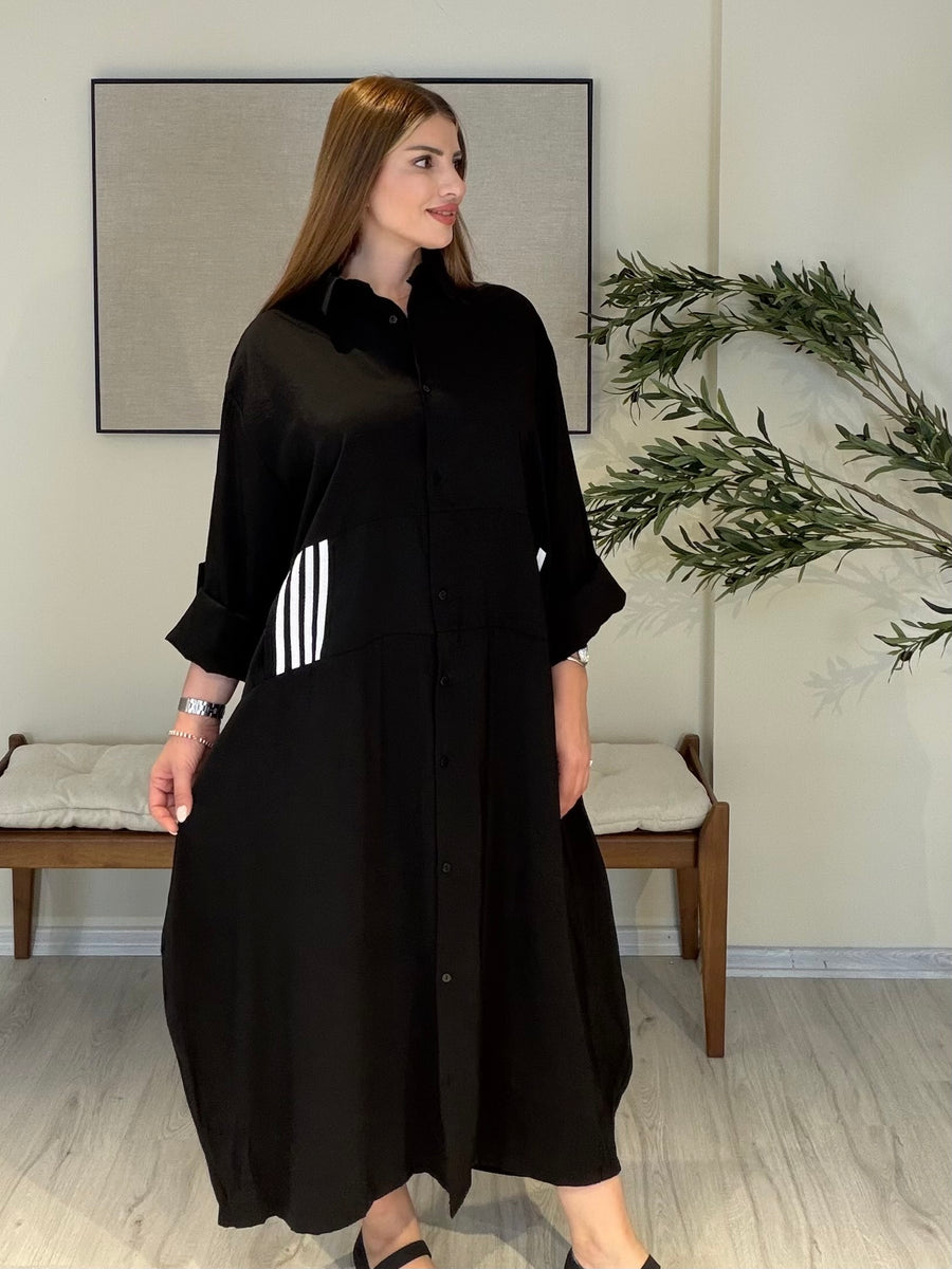 ALBA Çizgi Detaylı Gömlek Elbise Siyah