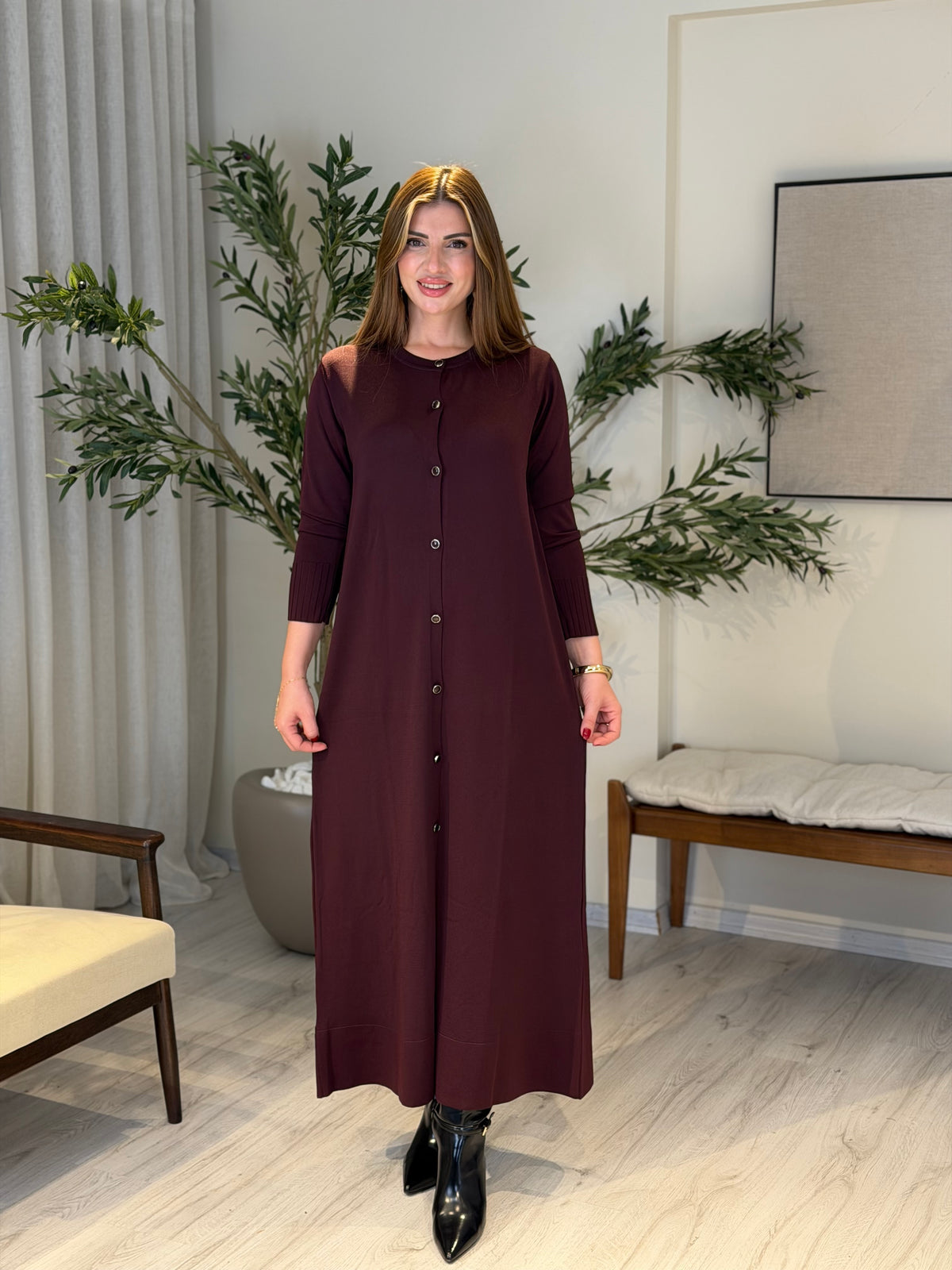 Ace | So Atelier Özel Üretim Merserize Triko Basic Boydan Düğmeli Hırka Mürdüm