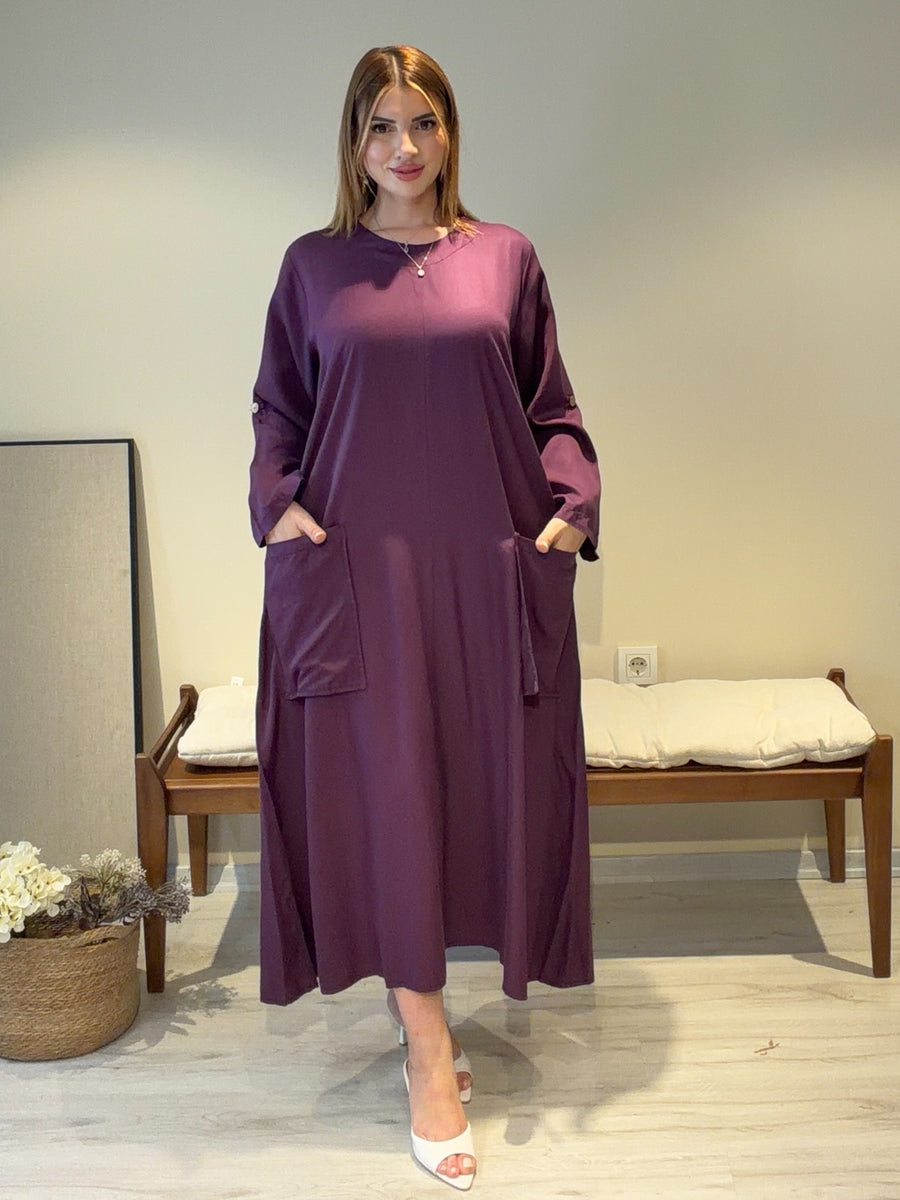 Mila Cep Detaylı Salaş Elbise – Mürdüm