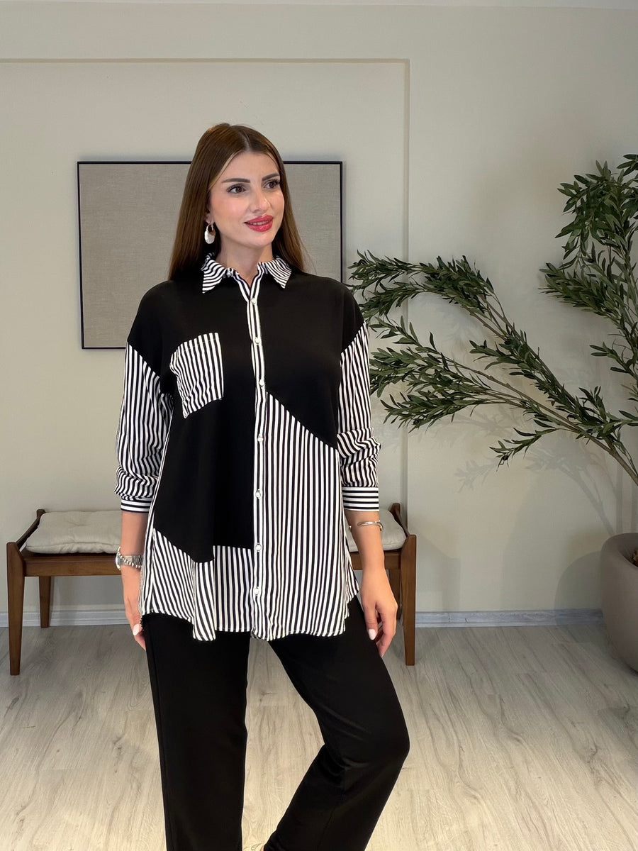 LİZBON Çizgi Detaylı Tunik Pantolon Takım Siyah