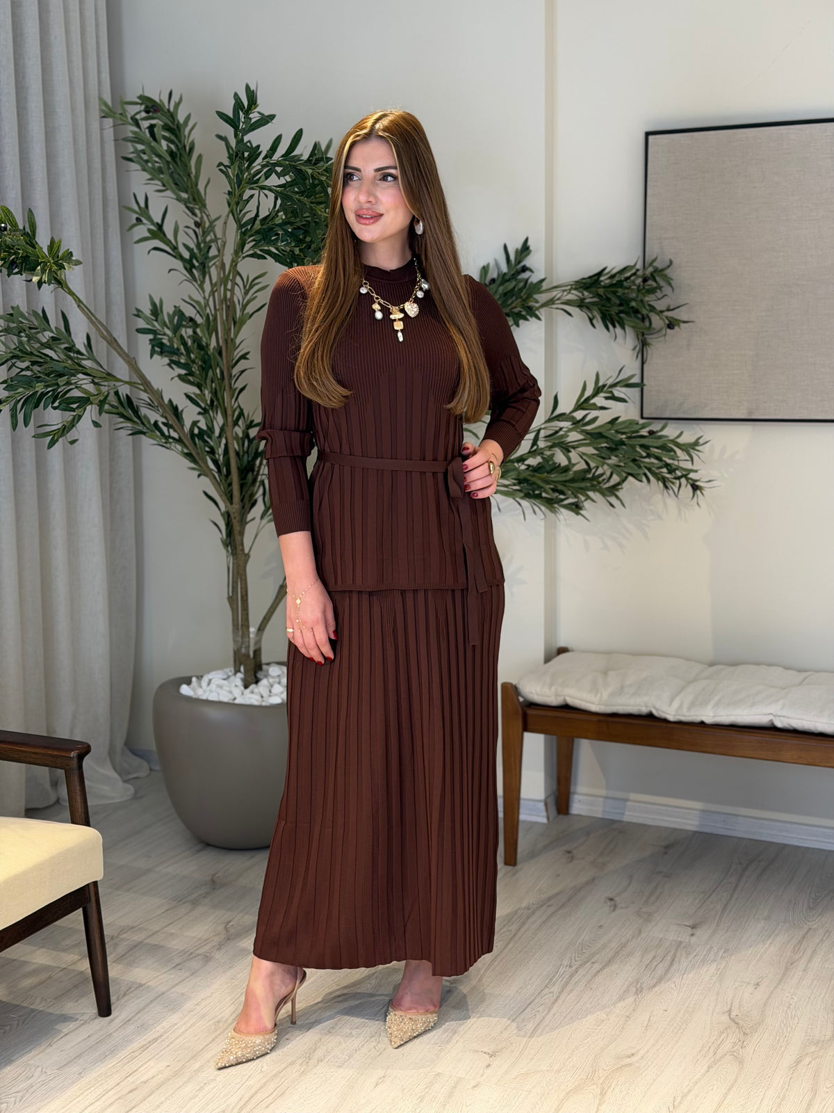 Ace | So Atelier Özel Üretim Merserize Triko Bel Bağlamalı Etek Takım Kahverengi