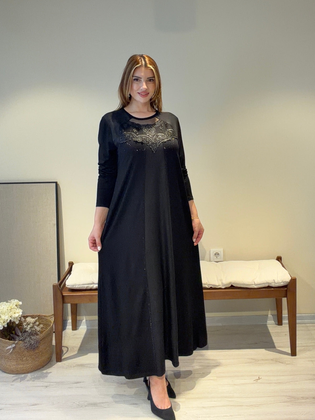 Perla İşleme Detaylı Kristal Pamuk Penye Elbise