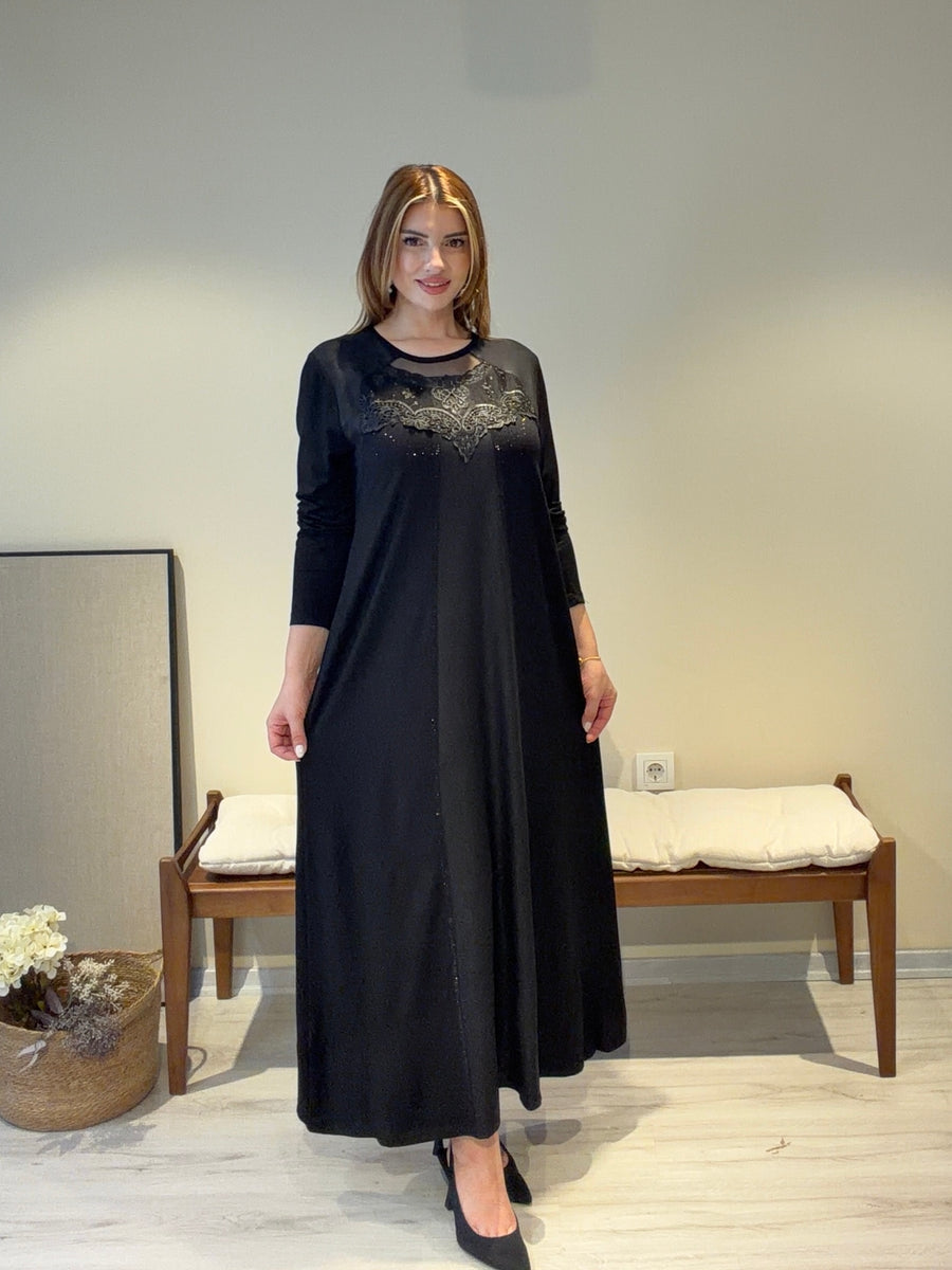 Perla İşleme Detaylı Kristal Pamuk Penye Elbise