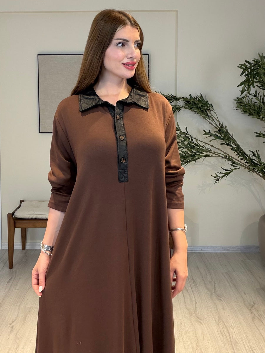 INFINITY A Kesim Elbise | Polo Yaka Deri Detaylı Elbise Kahve