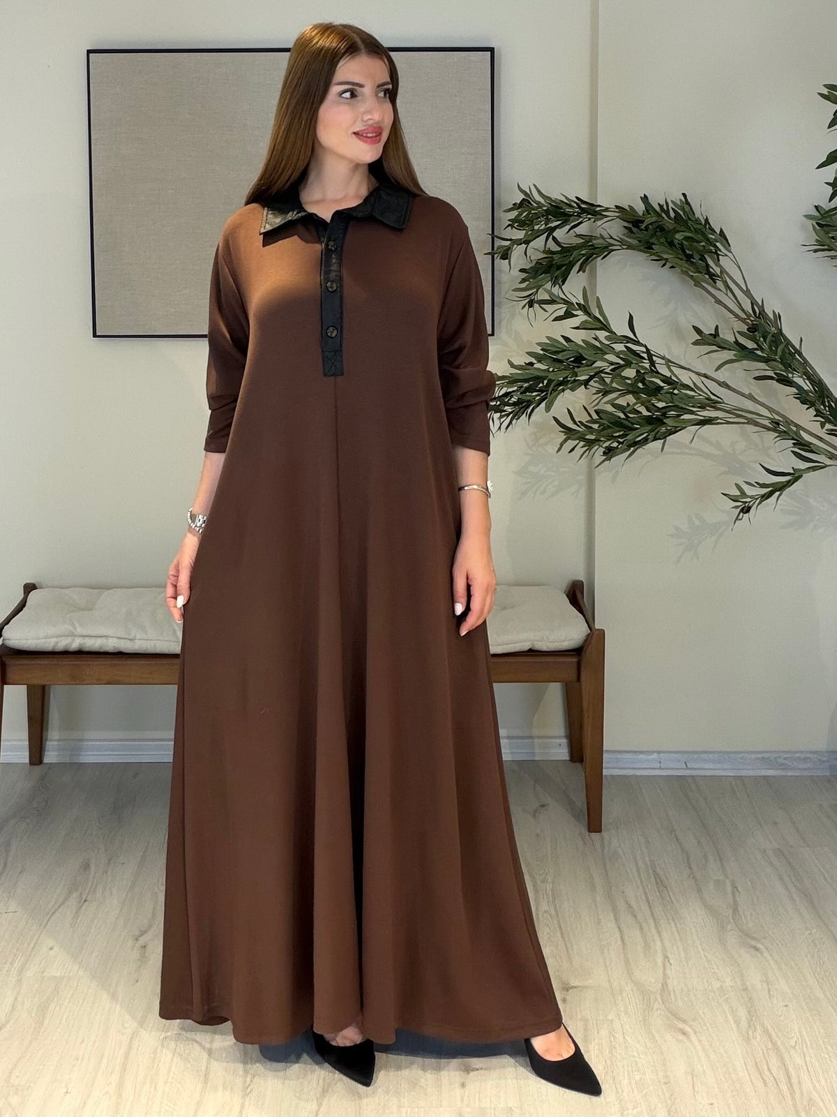 INFINITY A Kesim Elbise | Polo Yaka Deri Detaylı Elbise Kahve