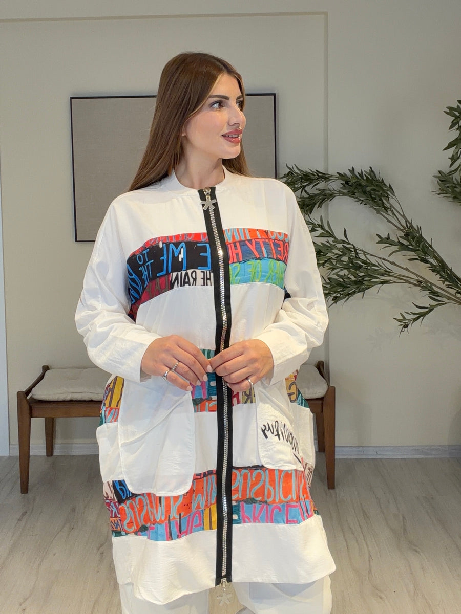 DOLCE Özel Tasarım Fermuarlı Tunik Harfli Model Beyaz