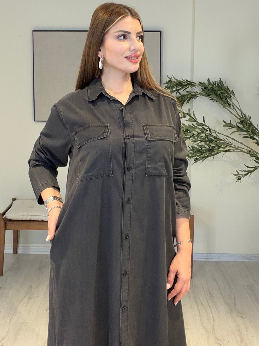 Denim Gömlek Elbise | Antrasit