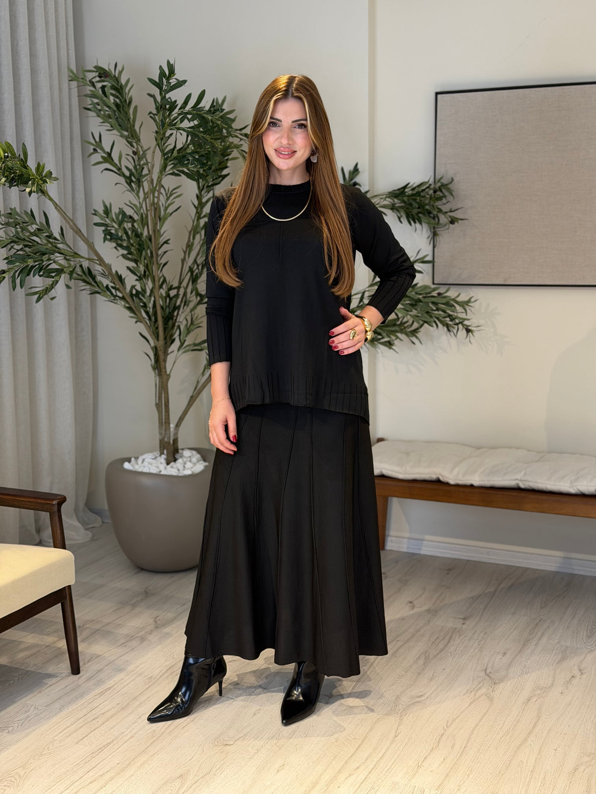 Ace | So Atelier Özel Üretim Merserize Triko Fitilli Tunikli Etek Takım Siyah