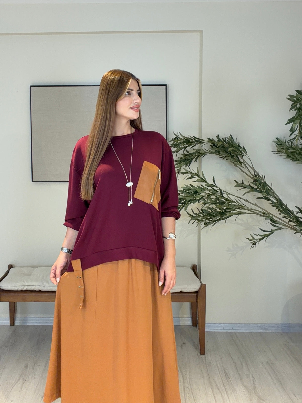 ATELIER NOIR | Signature Süet Etek & Modal Bluz Takım Bordo