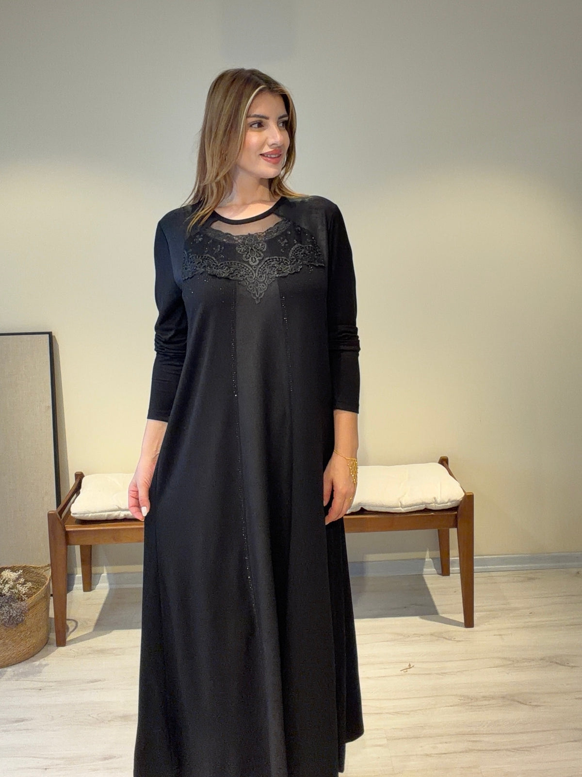 Perla İşleme Detaylı Kristal Pamuk Penye Elbise