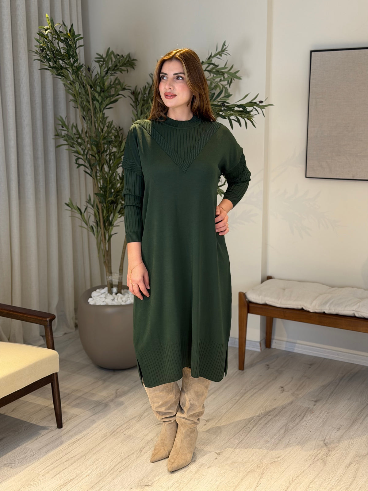 Ace | So Atelier Özel Üretim Merserize V Detaylı Tunik Haki