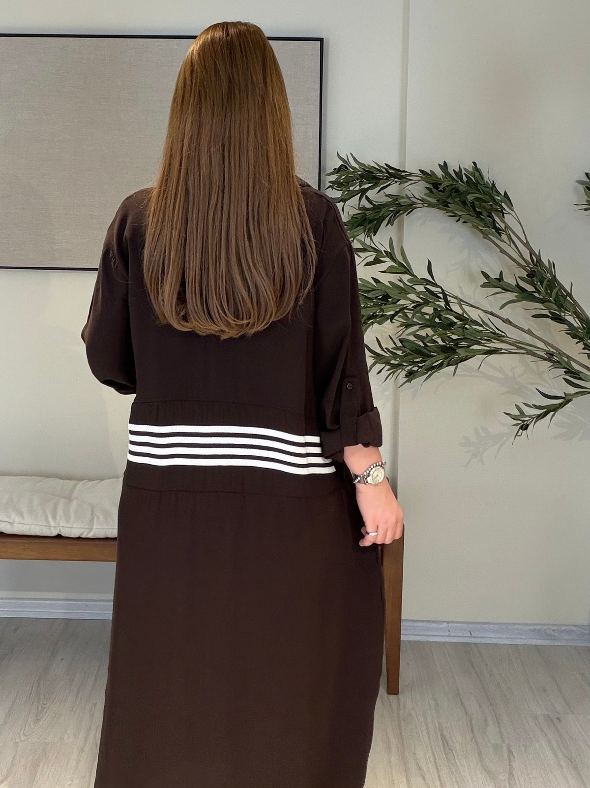 ALBA Çizgi Detaylı Gömlek Elbise Kahve