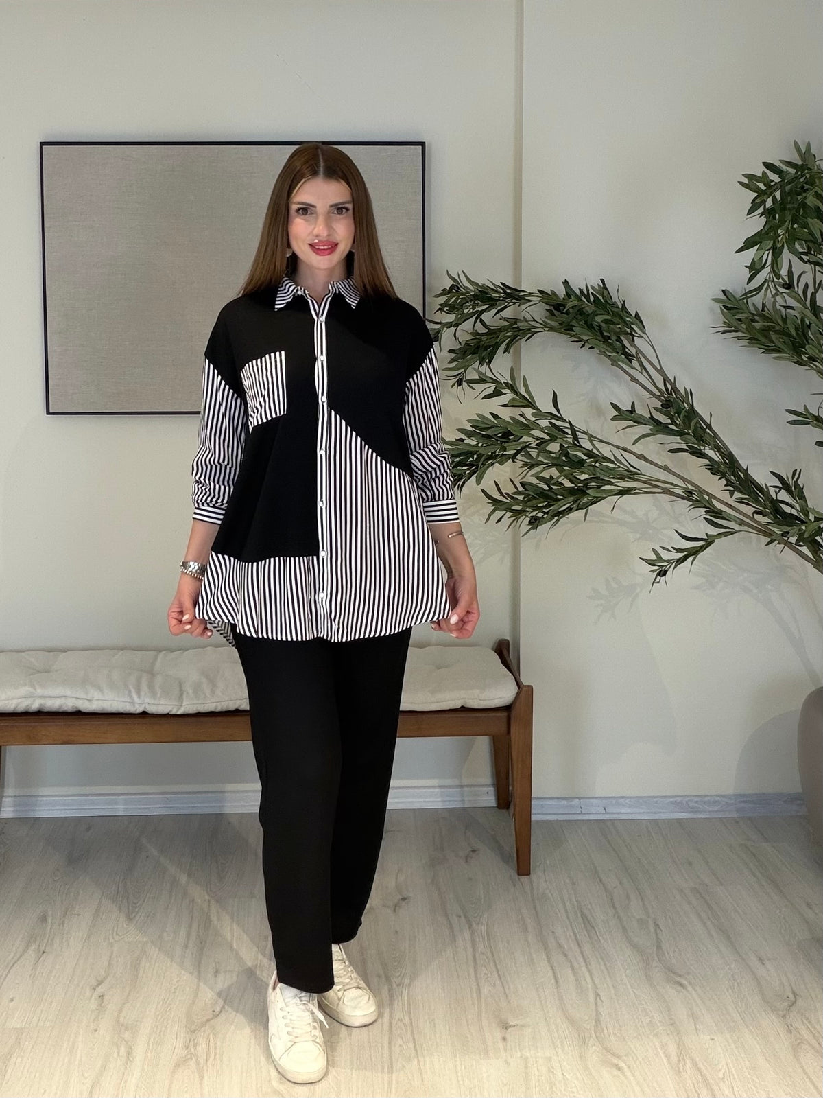 LİZBON Çizgi Detaylı Tunik Pantolon Takım Siyah