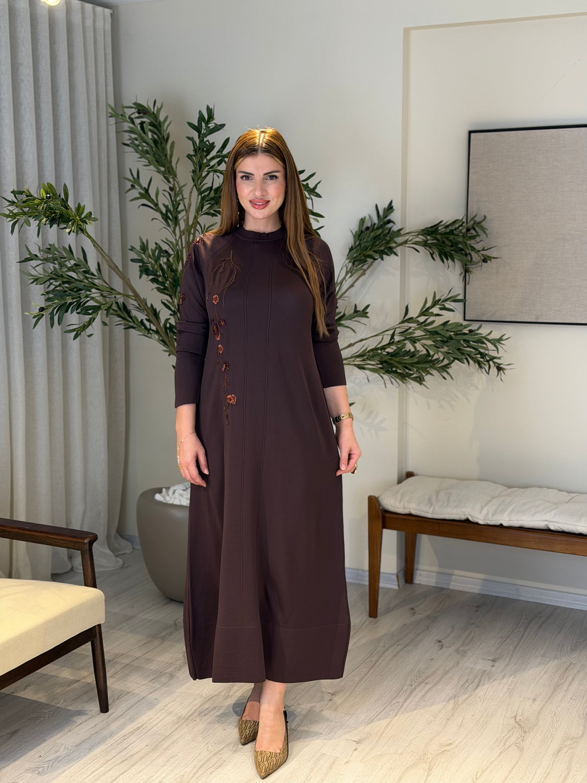 Ace | So Atelier Özel Üretim Merserize Triko İşleme Detaylı Tunik Acı Kahve