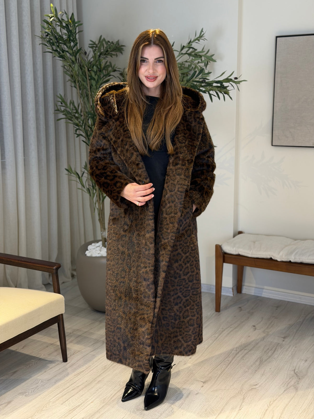 Ace | So Luxury Özel Üretim Uzun Kürk Acı Kahve Leopar Desen