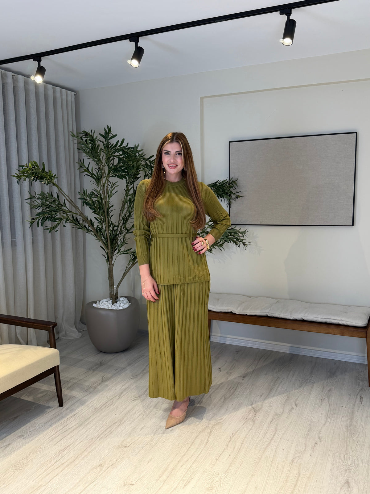 Ace | So Atelier Özel Üretim Merserize Triko Bel Bağlamalı Etek Takım Yağ Yeşili