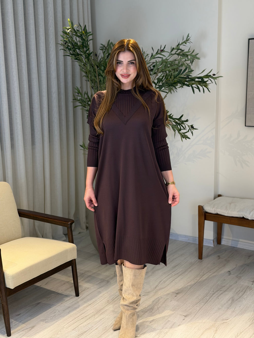 Ace | So Atelier Özel Üretim Merserize V Detaylı Tunik Acı Kahve