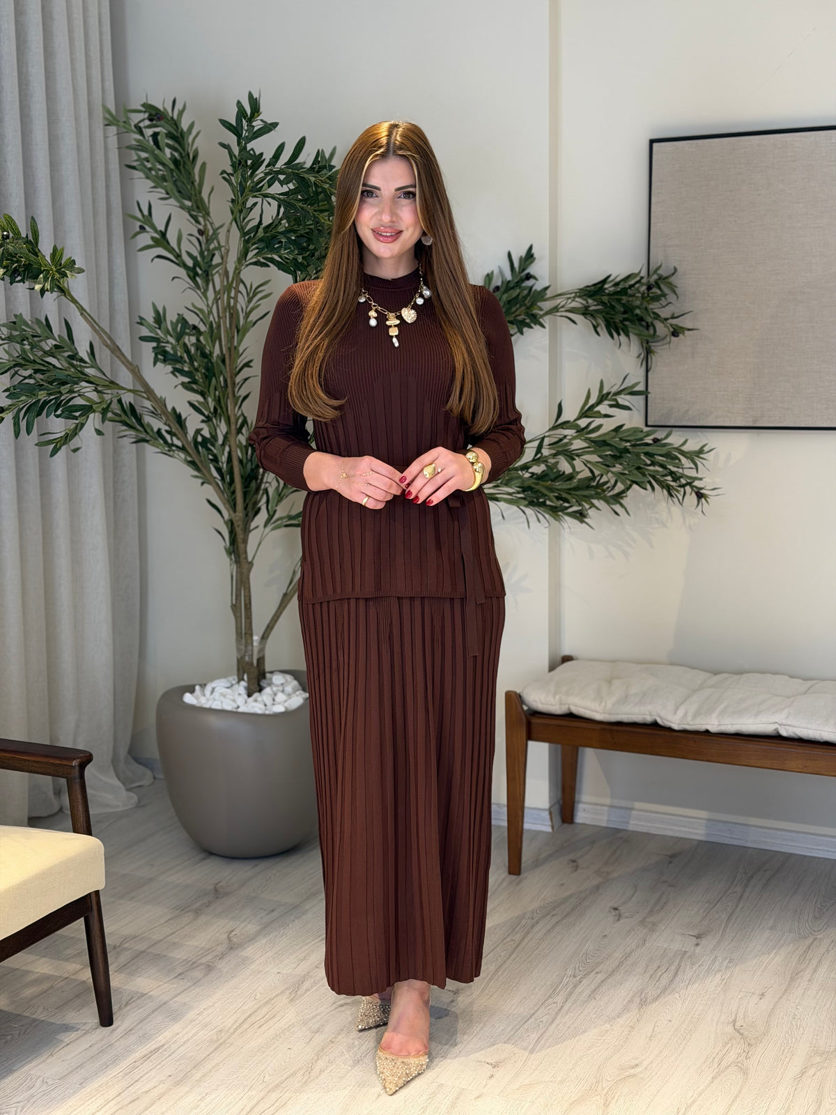 Ace | So Atelier Özel Üretim Merserize Triko Bel Bağlamalı Etek Takım Kahverengi