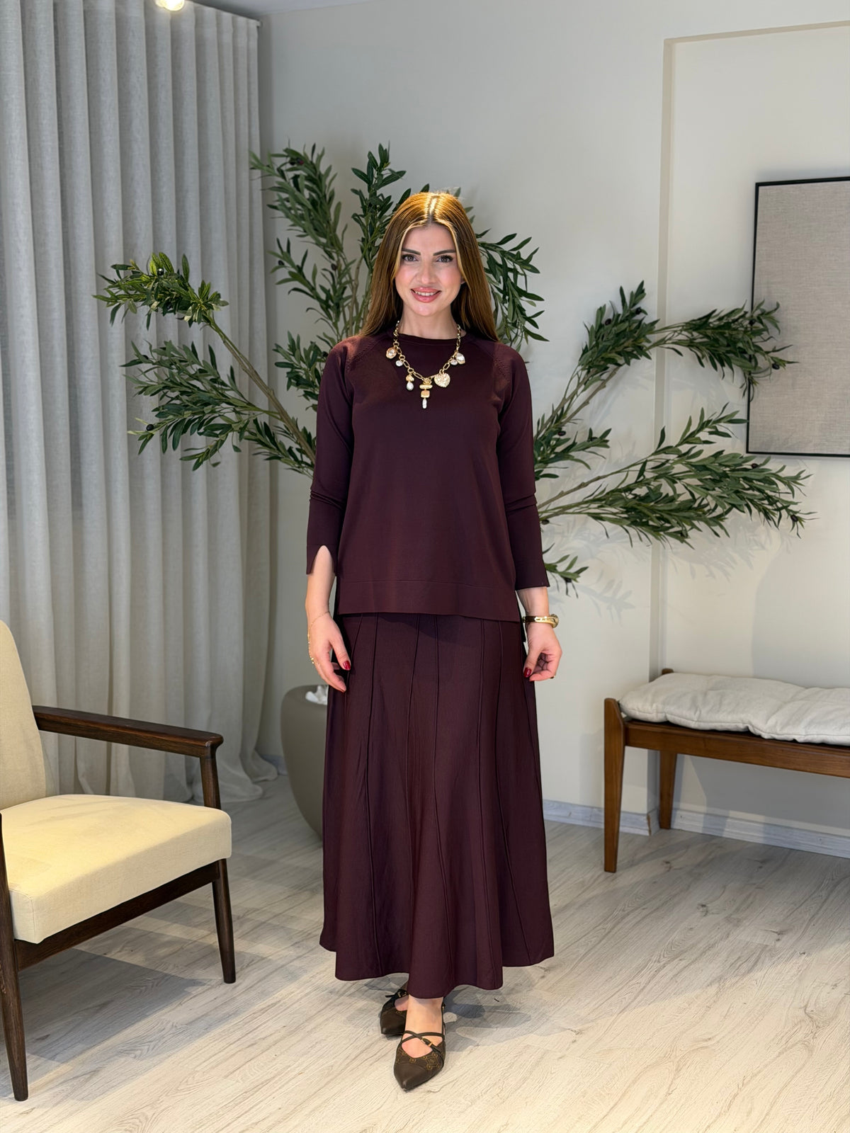 Ace | So Atelier Özel Üretim Merserize Triko Basic Tunikli Etek Takım Mürdüm