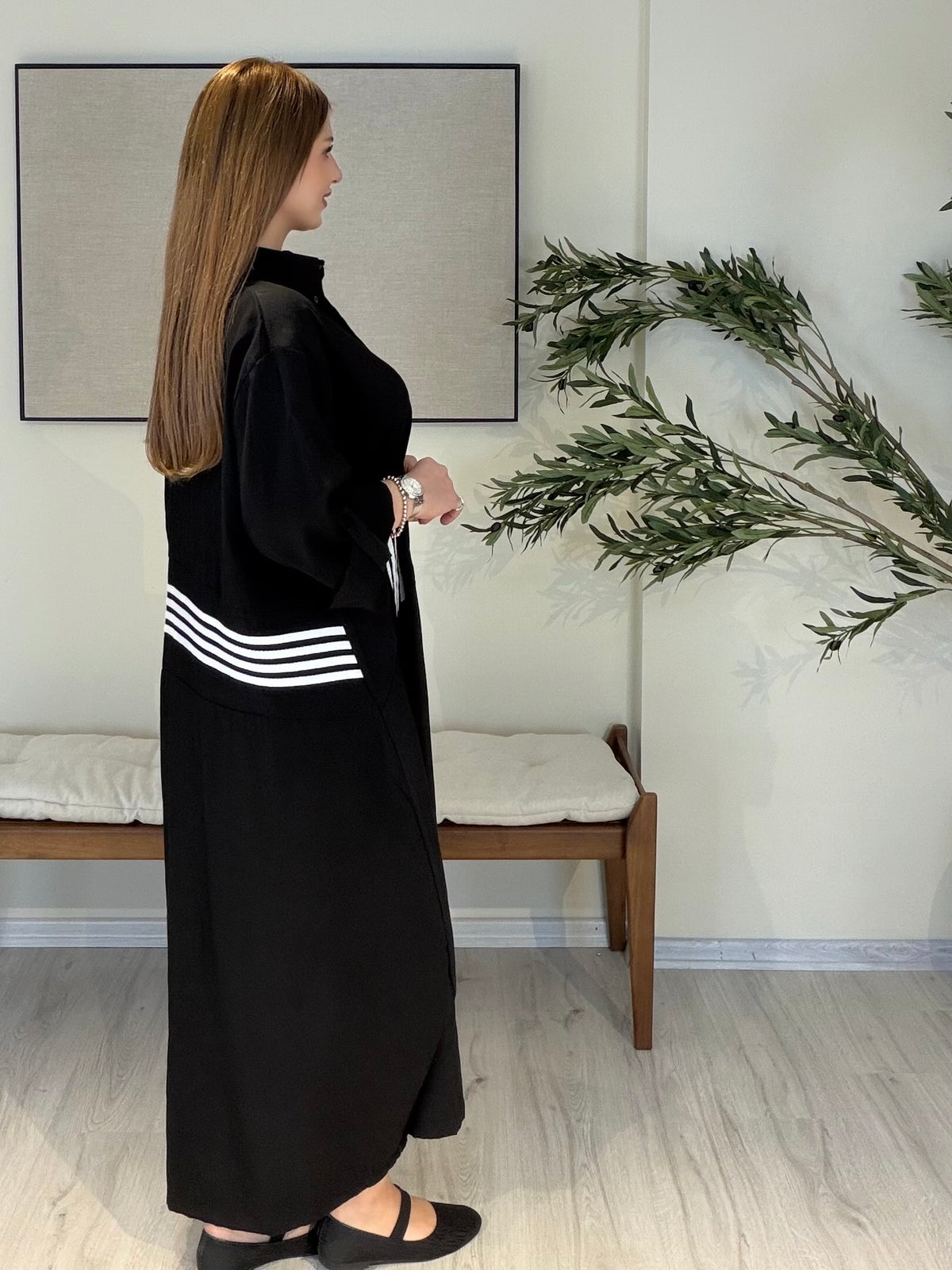 ALBA Çizgi Detaylı Gömlek Elbise Siyah