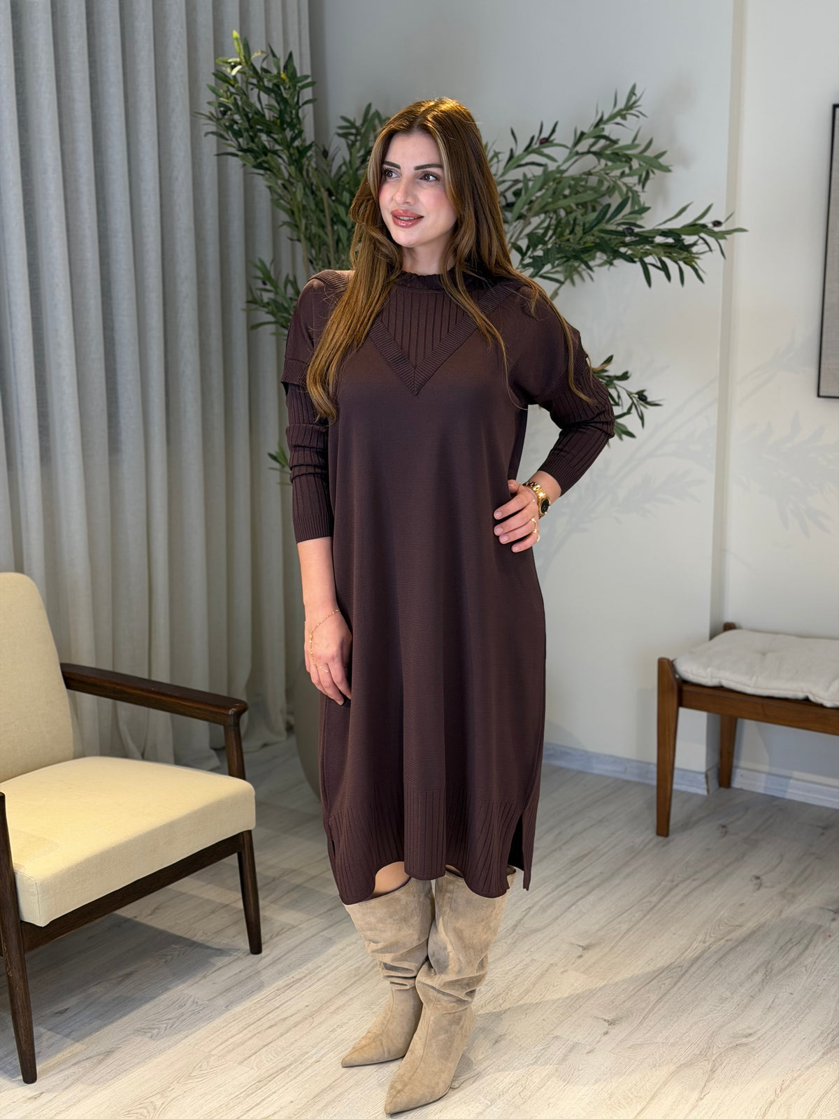 Ace | So Atelier Özel Üretim Merserize V Detaylı Tunik Acı Kahve