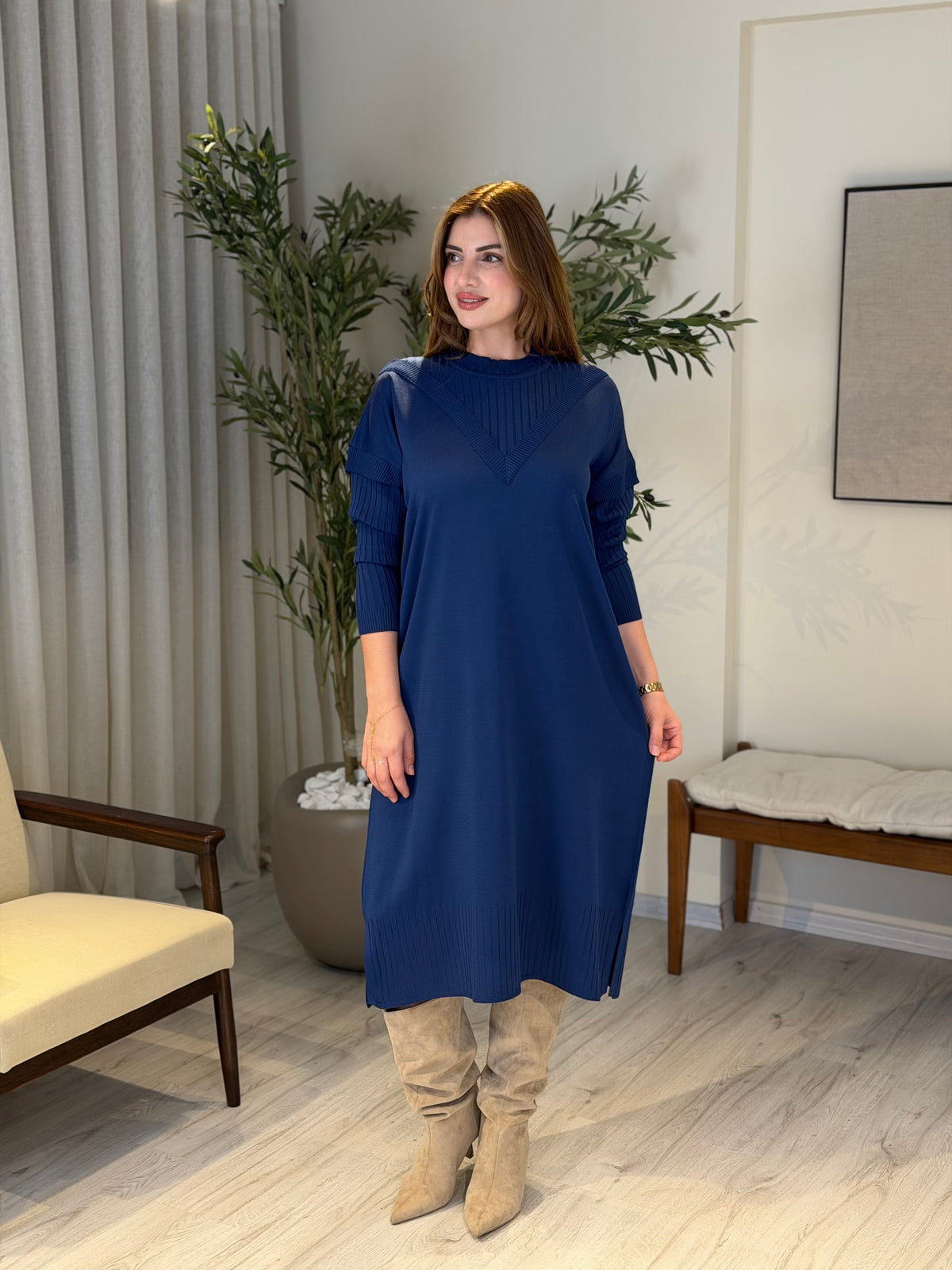 Ace | So Atelier Özel Üretim Merserize V Detaylı Tunik Gece Mavisi