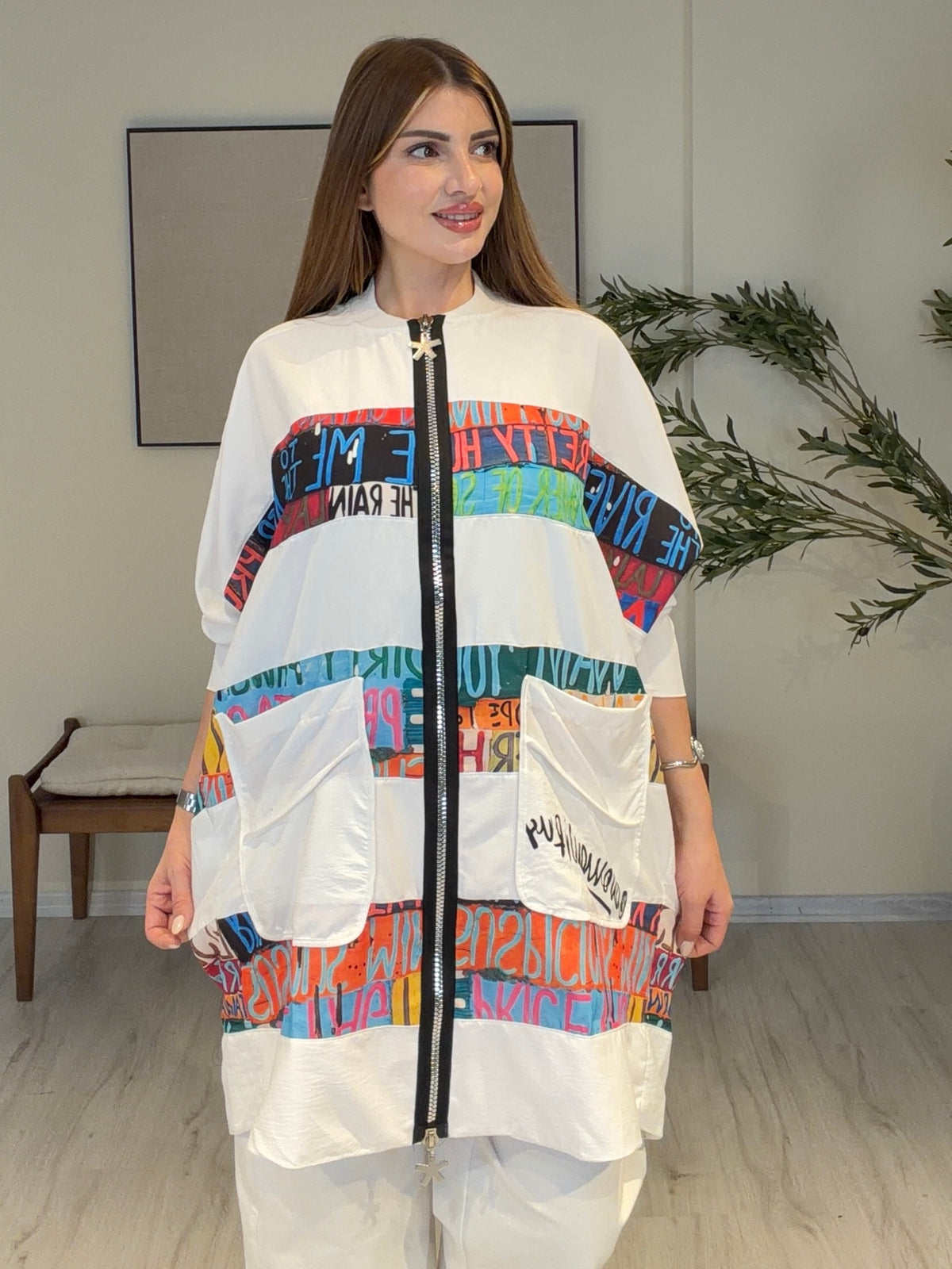 DOLCE Özel Tasarım Fermuarlı Tunik Harfli Model Beyaz
