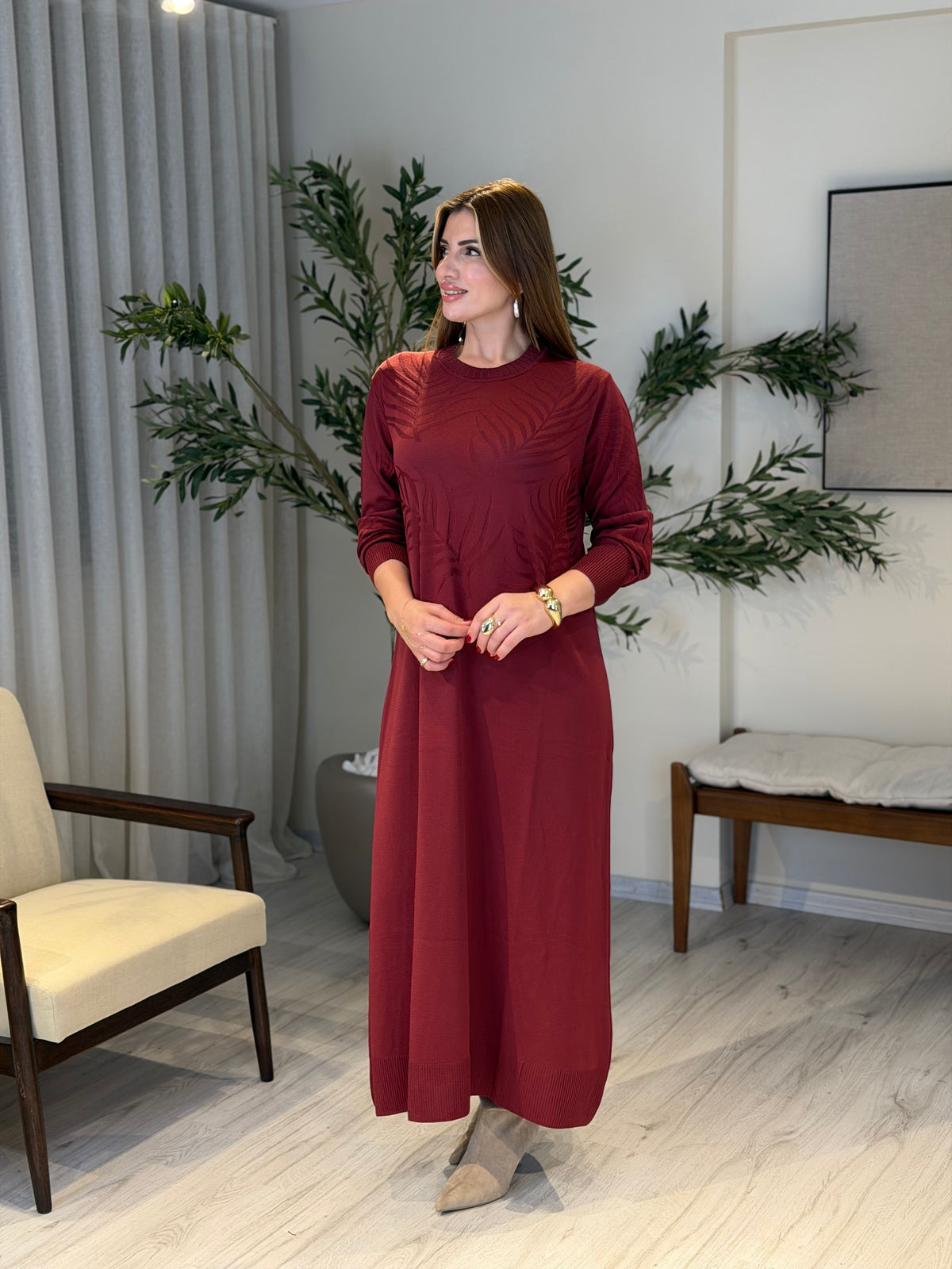 Ace | So Atelier Özel Üretim Merserize Triko Kendinden Dokulu Yaprak Desen Elbise Bordo