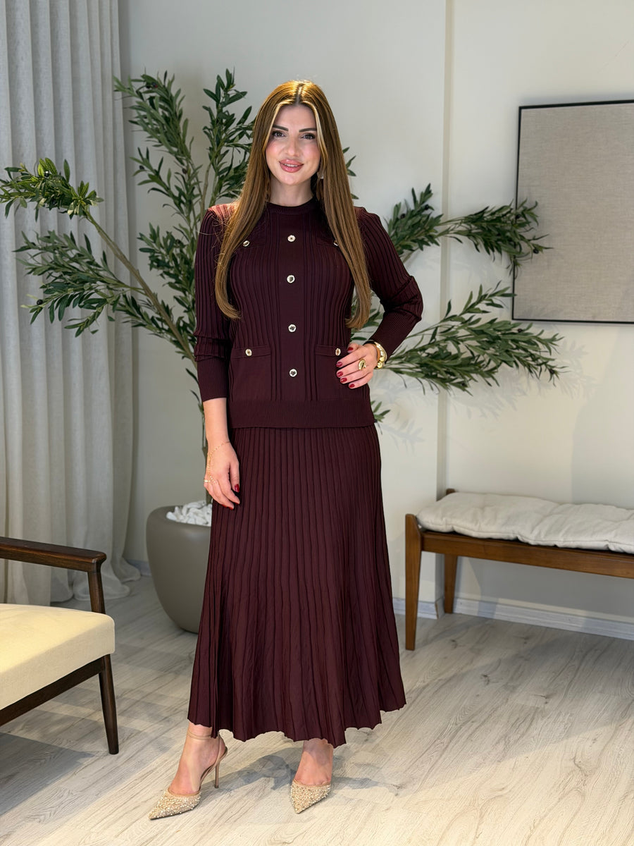 Ace | So Atelier Özel Üretim Merserize Triko Tunik Düğme Detaylı Etekli Takım Mürdüm