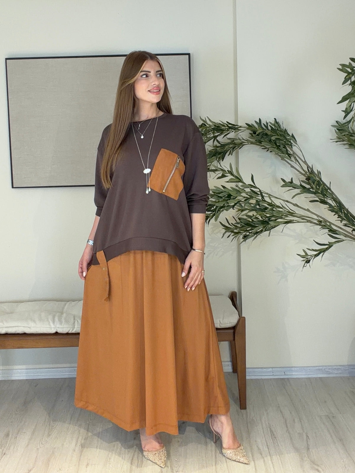 ATELIER NOIR | Signature Süet Etek & Modal Bluz Takım Kahve