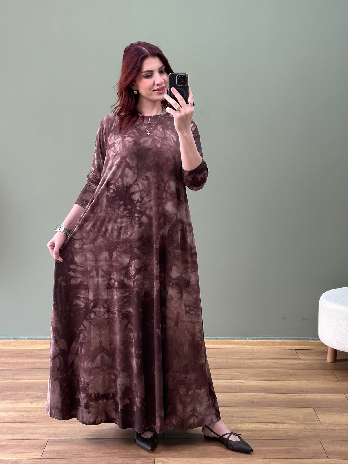 A KESİM PAMUK PENYE ELBİSE KAHVE BATIK DESEN