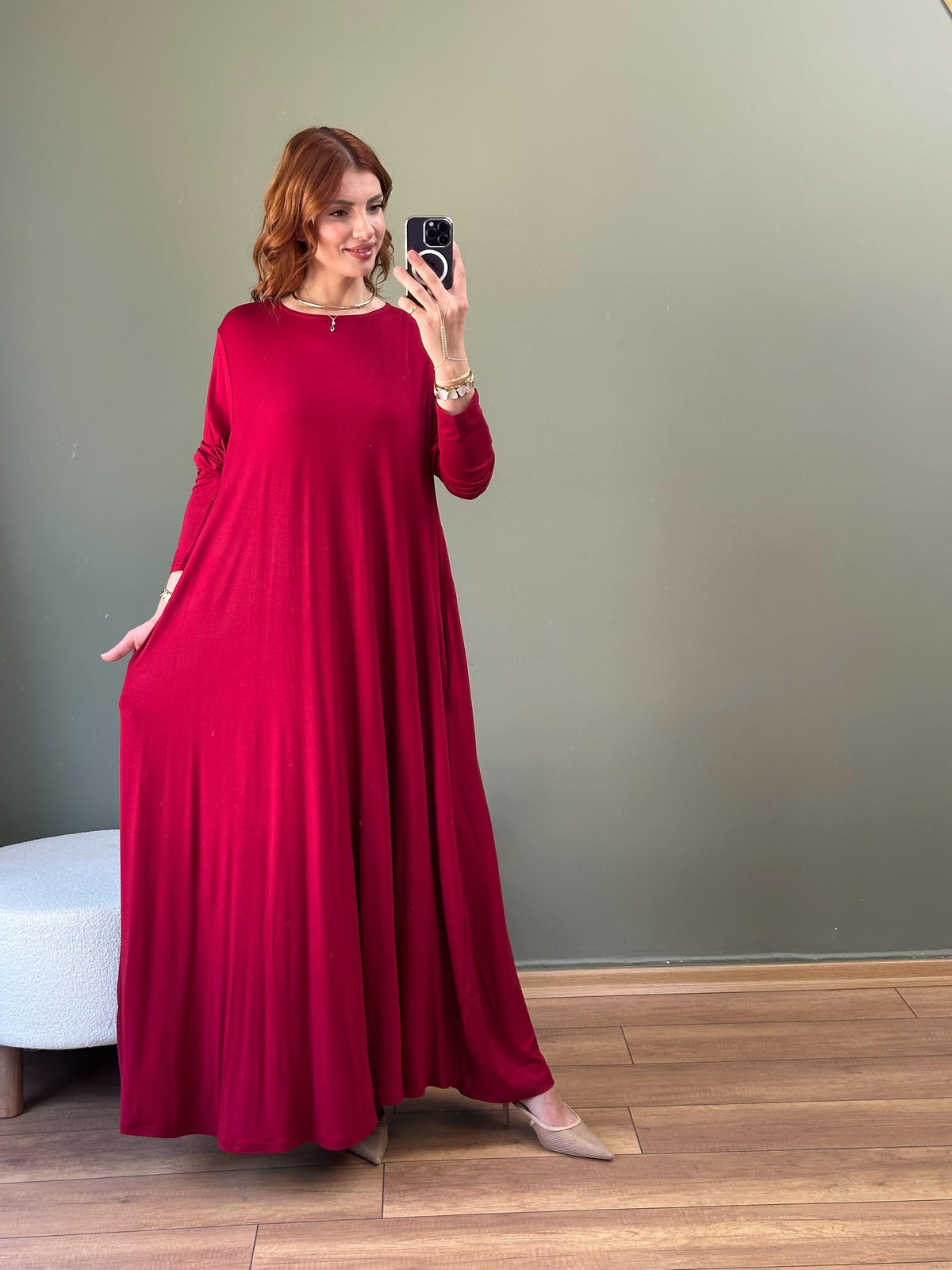 A KESİM PAMUKLU ELBİSE BORDO