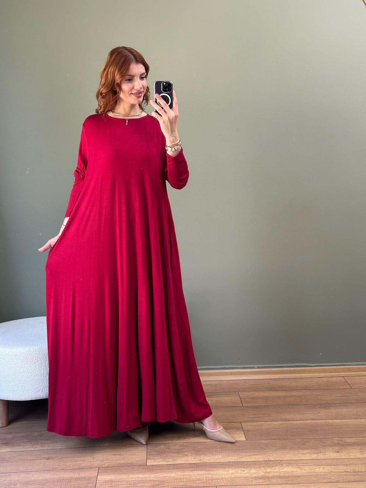 A KESİM PAMUKLU ELBİSE BORDO