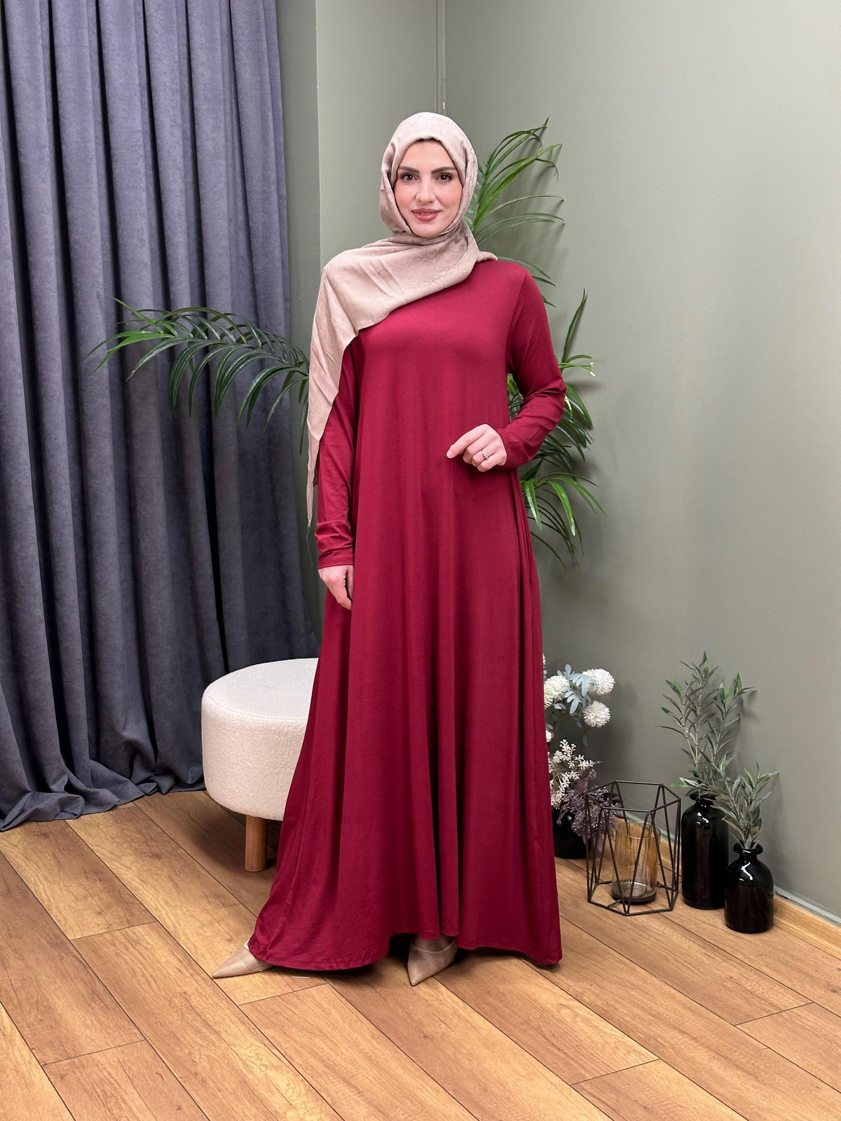 A KESİM VİSKON PENYE SWEAT ELBİSE BORDO