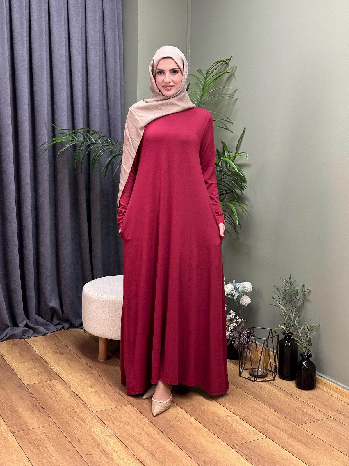 A KESİM VİSKON PENYE SWEAT ELBİSE BORDO