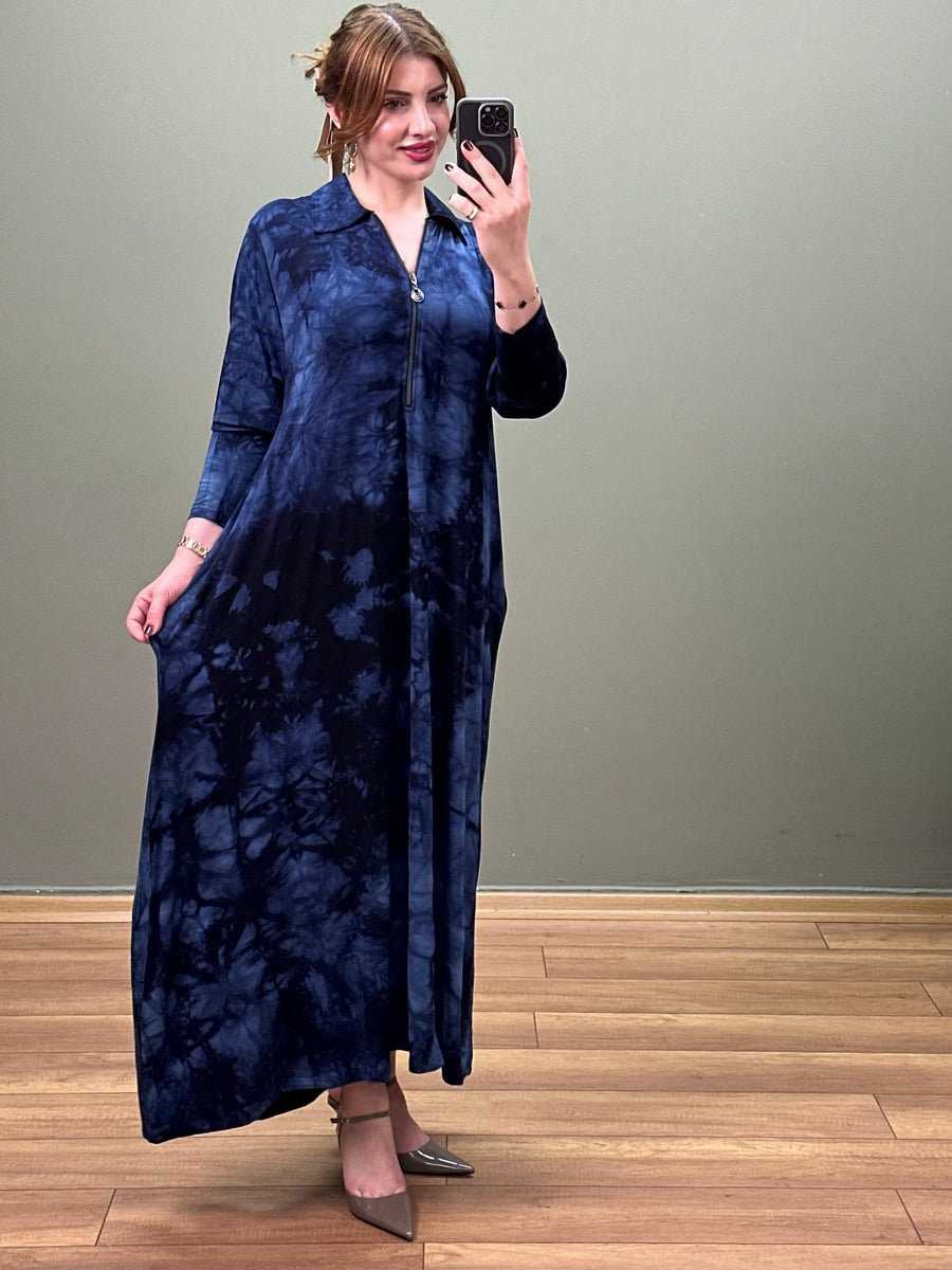 A KESIM YAKA FERMUARLI BATIK DESEN ELBISE LACİVERT
