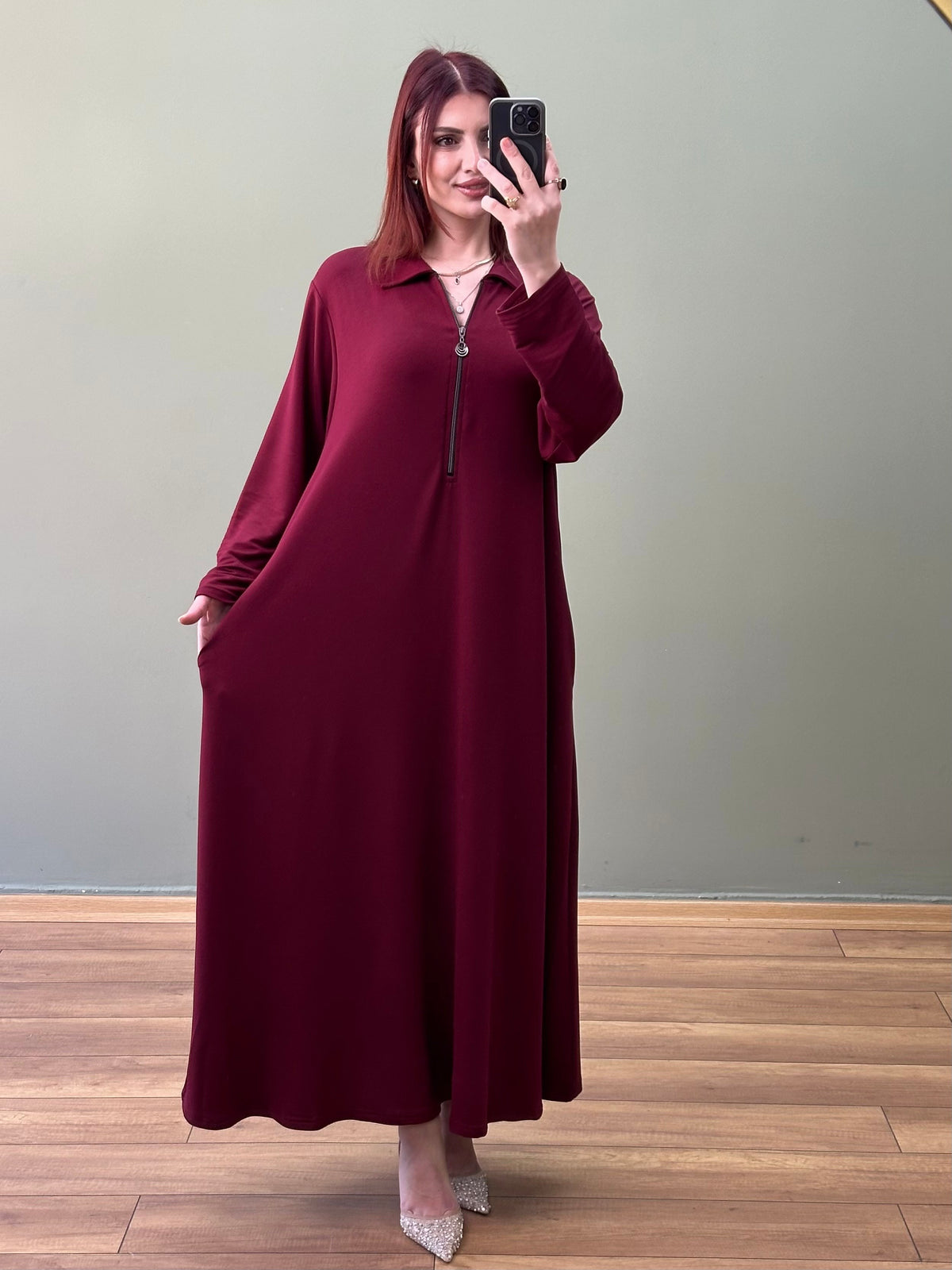 A KESİM YAKA FERMUARLI İKİ İPLİK PAMUKLU ELBİSE BORDO