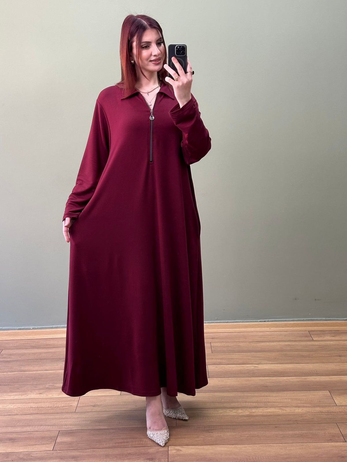 A KESİM YAKA FERMUARLI İKİ İPLİK PAMUKLU ELBİSE BORDO