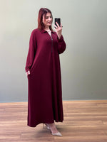 A KESİM YAKA FERMUARLI İKİ İPLİK PAMUKLU ELBİSE BORDO
