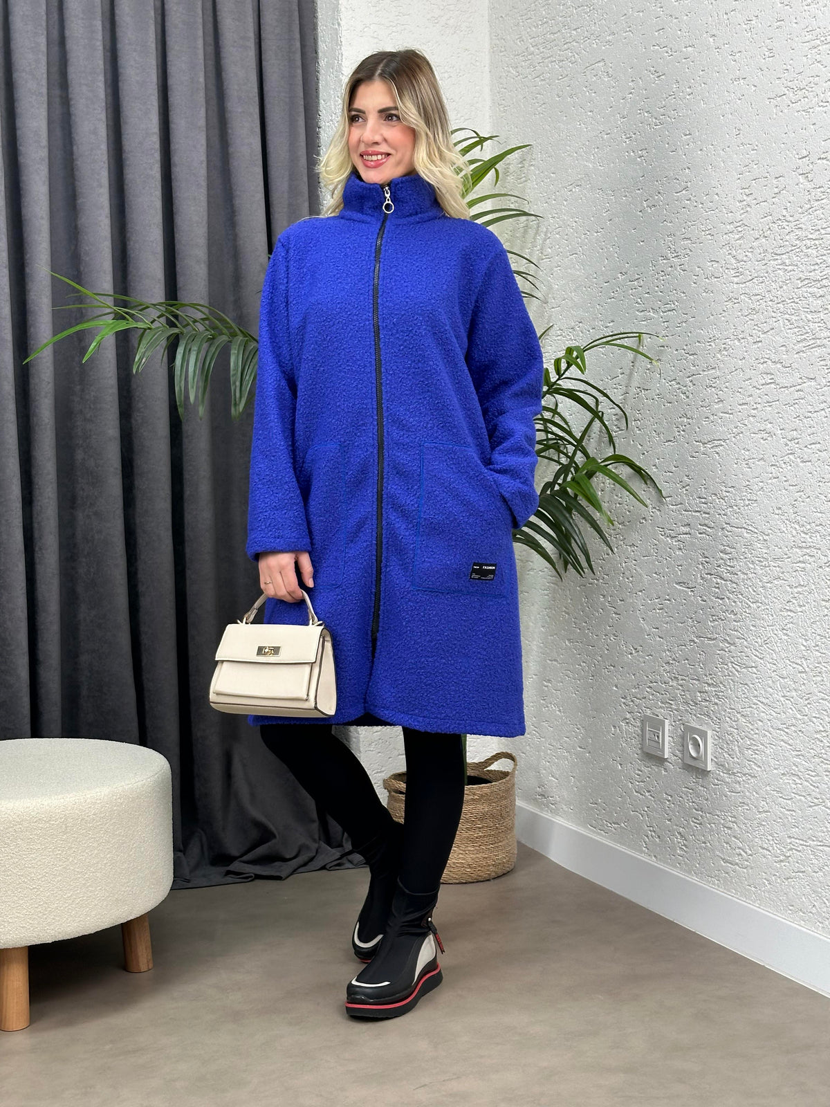 ARMALI İTALYAN BUKLET KABAN SAKS MAVİ